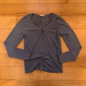 Henley Top Womens Medium Blue Lucky Brand Long Sleeve Ruffle Lace Detail